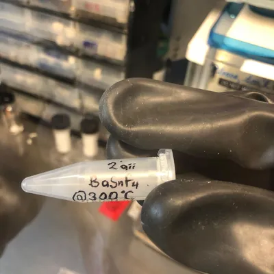 Vial labeled BaSnF4, synthesized at 300 degrees Celsius